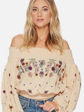Free People Women's Cream Off-Shoulder Floral Embroidered top